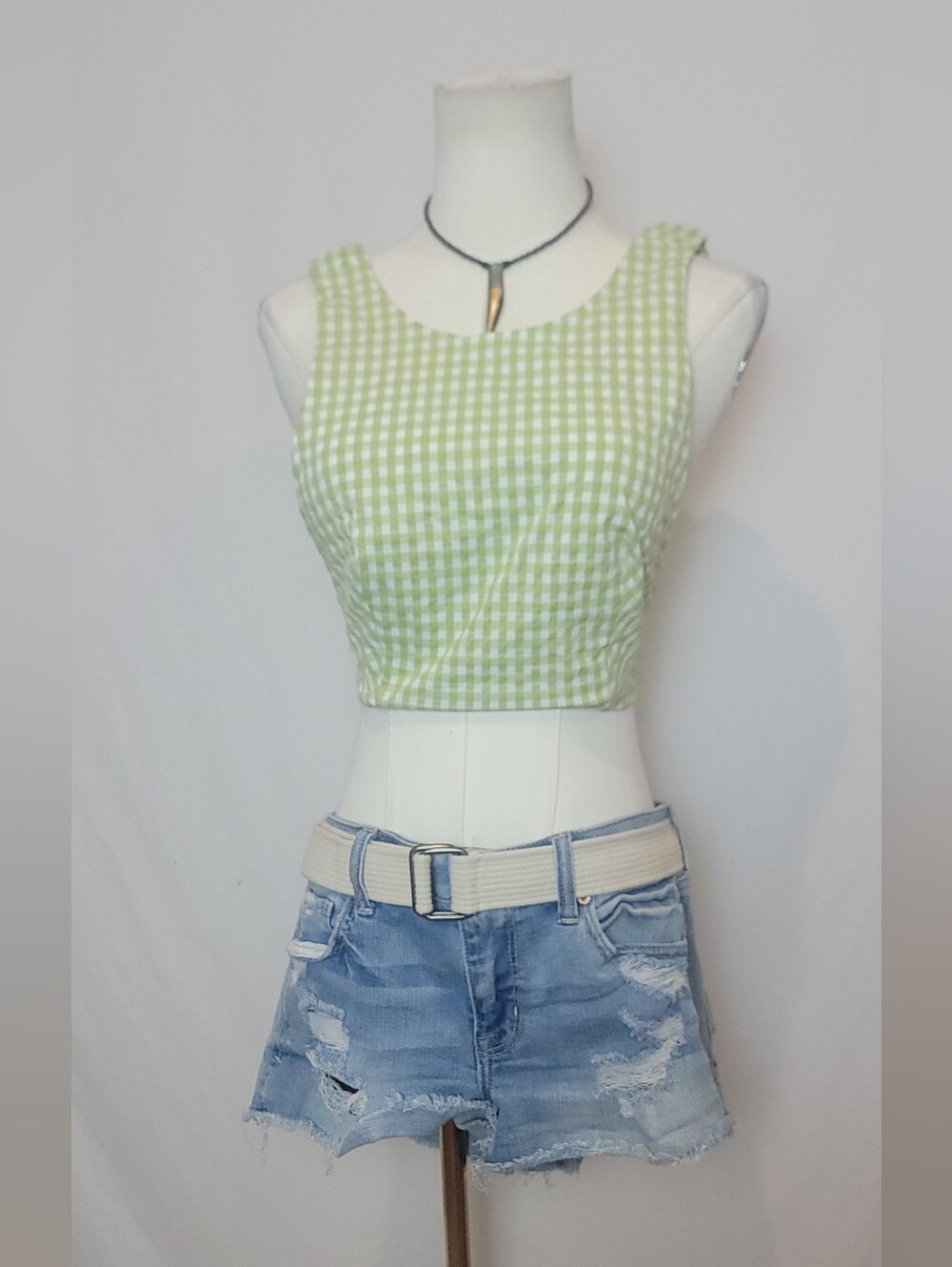 Zara Cropped Gingham White Green Open Back Halter, Size Small
